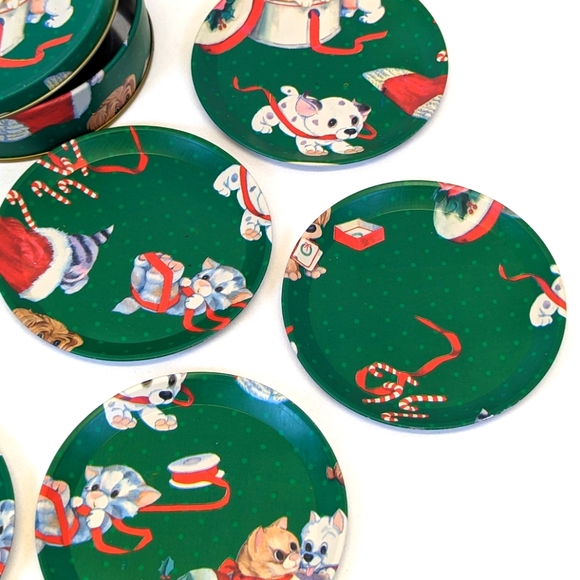 Vintage Christmas Holiday Cats & Dogs Coaster Set of 6 With Storage Tin - Metal - Picture 3 of 8